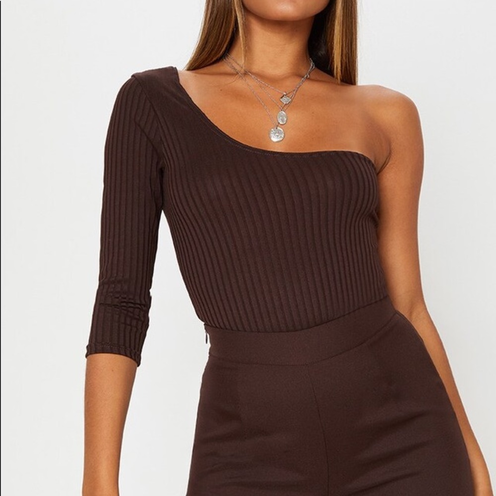 Chocolate Rib One Shoulder Crop Sleeve Bodysuit
